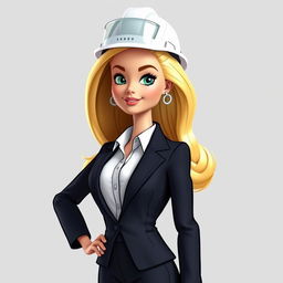 A cartoon-style blonde Barbie doll dressed in a suit with an architect's helmet, shown from the torso up