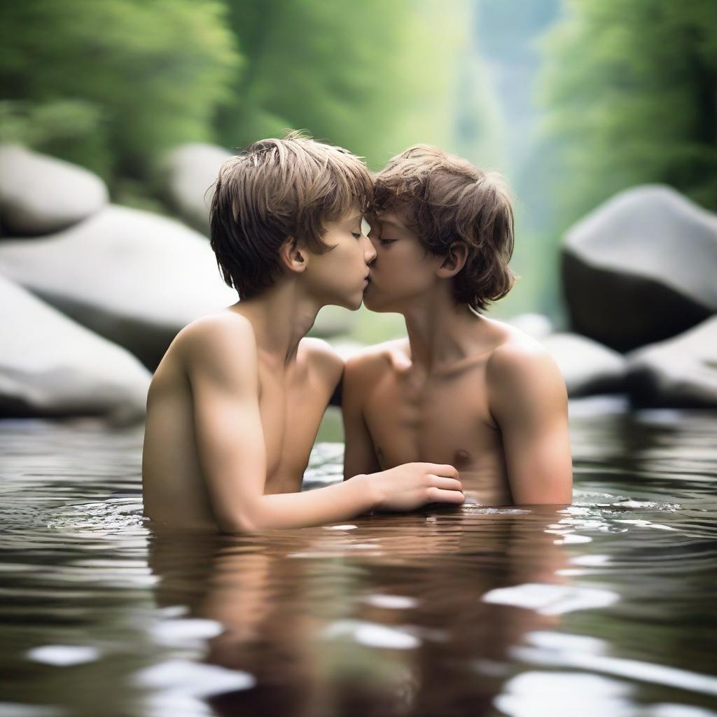 A serene mountain stream setting with a shirtless, smooth, hairless, and skinny 16-year-old son laying on a rock in ripped jean shorts