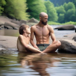 A serene mountain stream setting with a shirtless, smooth, hairless, and skinny 16-year-old son laying on a rock in ripped jean shorts