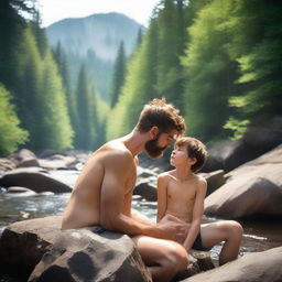 A serene mountain stream setting with a shirtless, smooth, hairless, and skinny 16-year-old son laying on a rock in ripped jean shorts