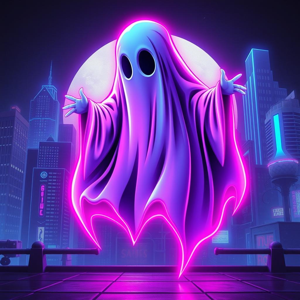 A ghostly figure in a new wave style, featuring neon colors and geometric shapes