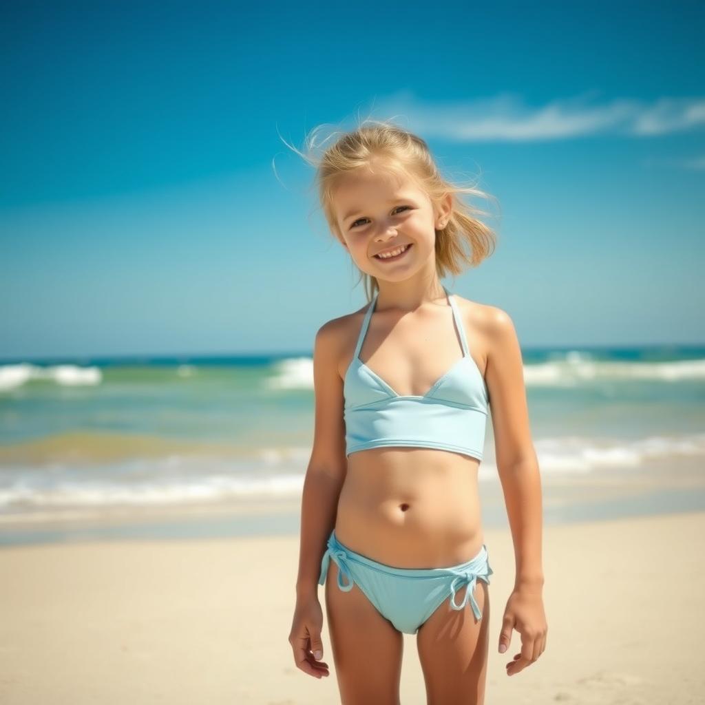 A young girl wearing a bikini, standing on a sandy beach with the ocean waves in the background