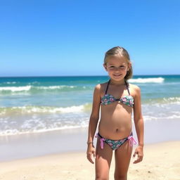 A young girl wearing a bikini, standing on a sandy beach with the ocean waves in the background