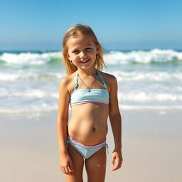 A young girl wearing a bikini, standing on a sandy beach with the ocean waves in the background