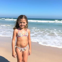 A young girl wearing a bikini, standing on a sandy beach with the ocean waves in the background