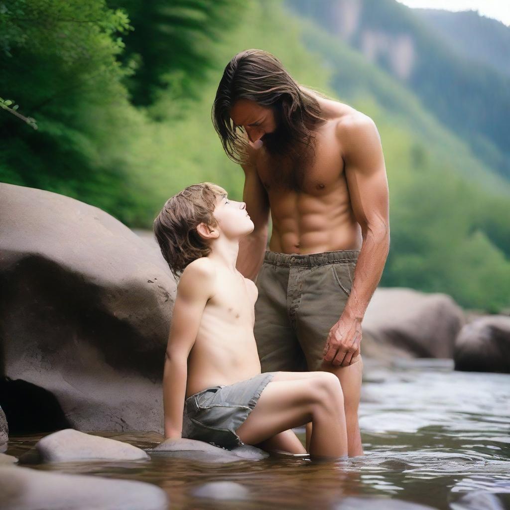 A tall, skinny, lean father with long hair and a beard, shirtless, stands over his smooth, hairless, skinny 16-year-old son who is laying on a rock by a mountain stream