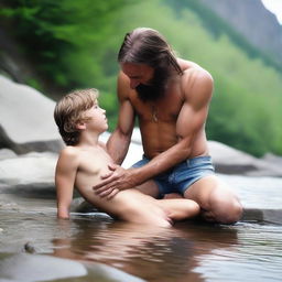 A tall, skinny, lean father with long hair and a beard, shirtless, stands over his smooth, hairless, skinny 16-year-old son who is laying on a rock by a mountain stream