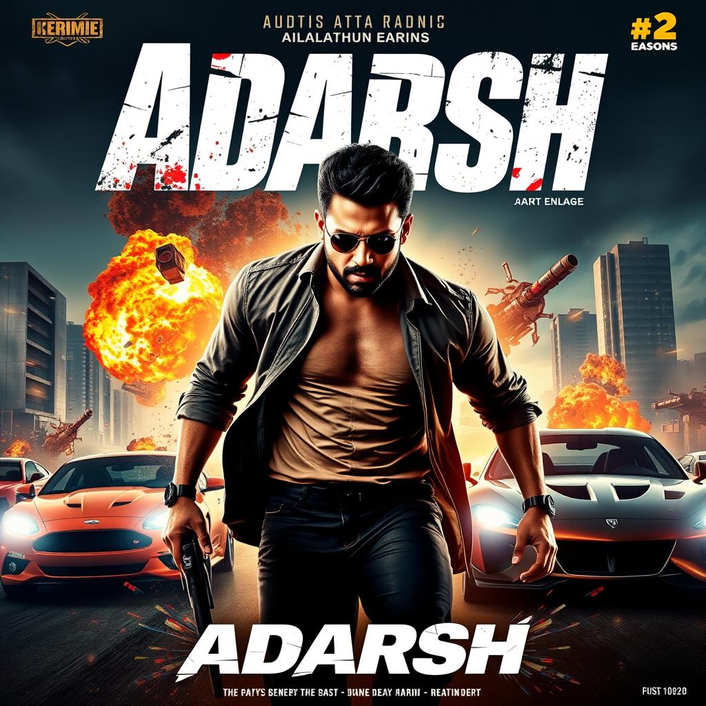 A high-energy action movie cover featuring the title 'Adarsh'