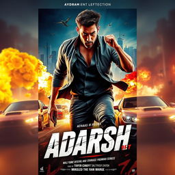 A high-energy action movie cover featuring the title 'Adarsh'