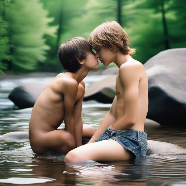 A shirtless teenage boy with smooth, hairless skin and ripped jean shorts is laying on a rock by a mountain stream