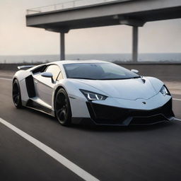 A futuristic supercar that combines the aggressive design and raw power of a Lamborghini with the exotic, hyperfast aesthetics of a Lykan Hypersport.