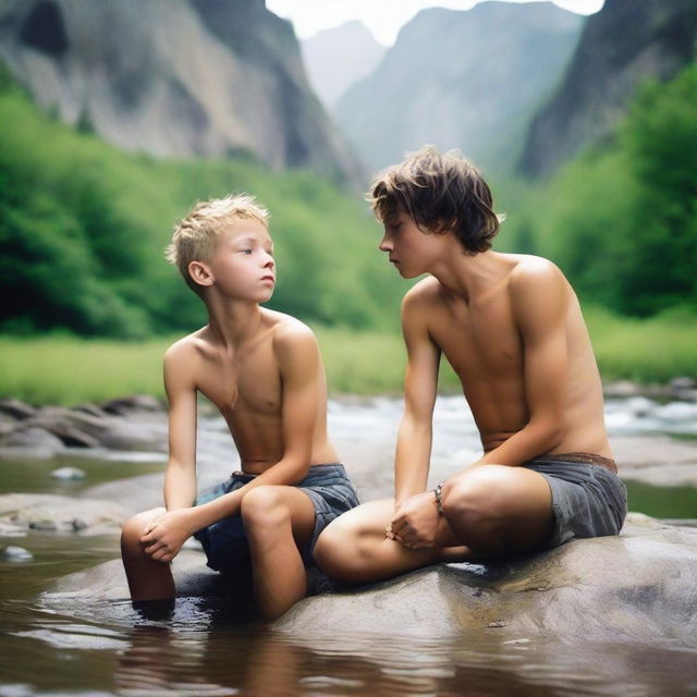 A shirtless, smooth, hairless, and skinny 17-year-old boy with ripped jean shorts is laying on a rock by a mountain stream