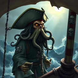 A detailed and realistic depiction of Davy Jones, the mythical sea captain with an octopus-like face, wearing a pirate hat, and standing on the deck of a ghostly pirate ship in a stormy sea