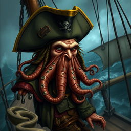 A detailed and realistic depiction of Davy Jones, the mythical sea captain with an octopus-like face, wearing a pirate hat, and standing on the deck of a ghostly pirate ship in a stormy sea