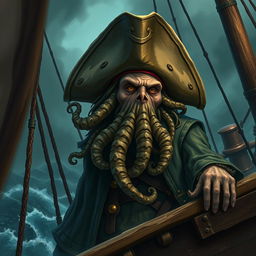 A detailed and realistic depiction of Davy Jones, the mythical sea captain with an octopus-like face, wearing a pirate hat, and standing on the deck of a ghostly pirate ship in a stormy sea