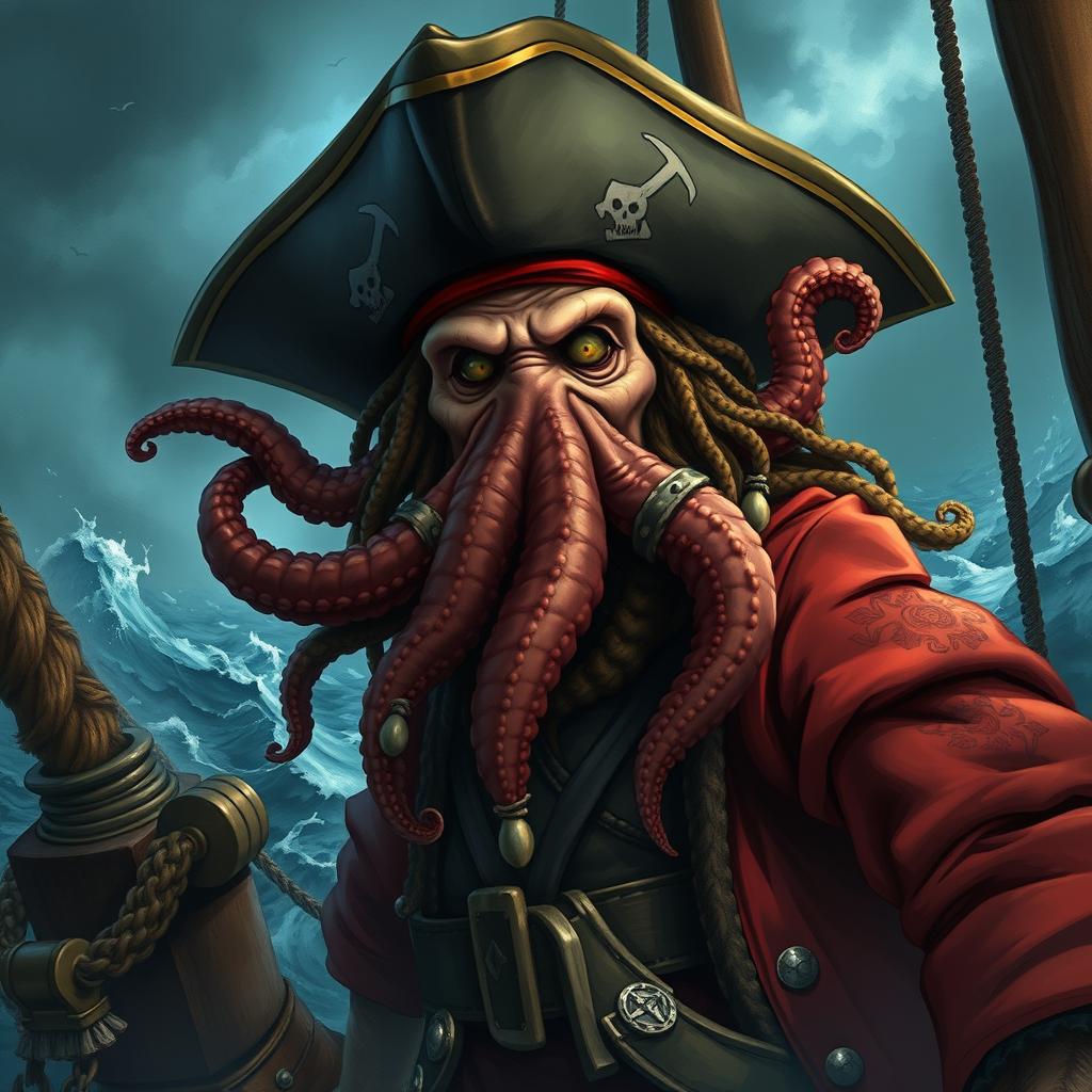 A detailed and realistic depiction of Davy Jones, the mythical sea captain with an octopus-like face, wearing a pirate hat, and standing on the deck of a ghostly pirate ship in a stormy sea