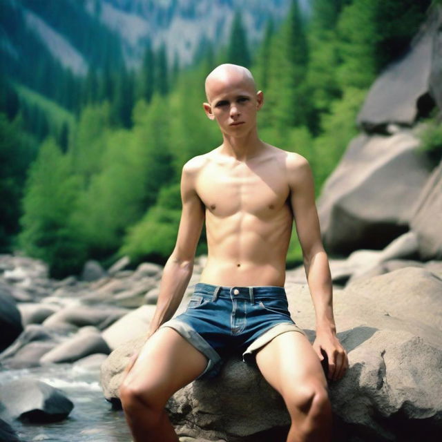 A bald, smooth, hairless, skinny 16-year-old boy with no beard and wearing ripped jean shorts is laying on a rock by a mountain stream