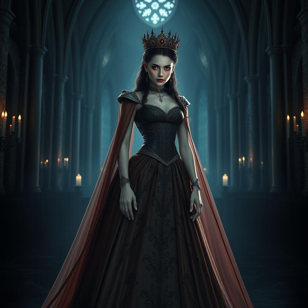 A regal vampire princess standing in a dark, gothic castle