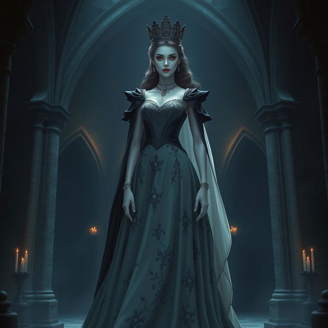 A regal vampire princess standing in a dark, gothic castle