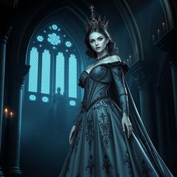 A regal vampire princess standing in a dark, gothic castle