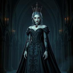 A regal vampire princess standing in a dark, gothic castle