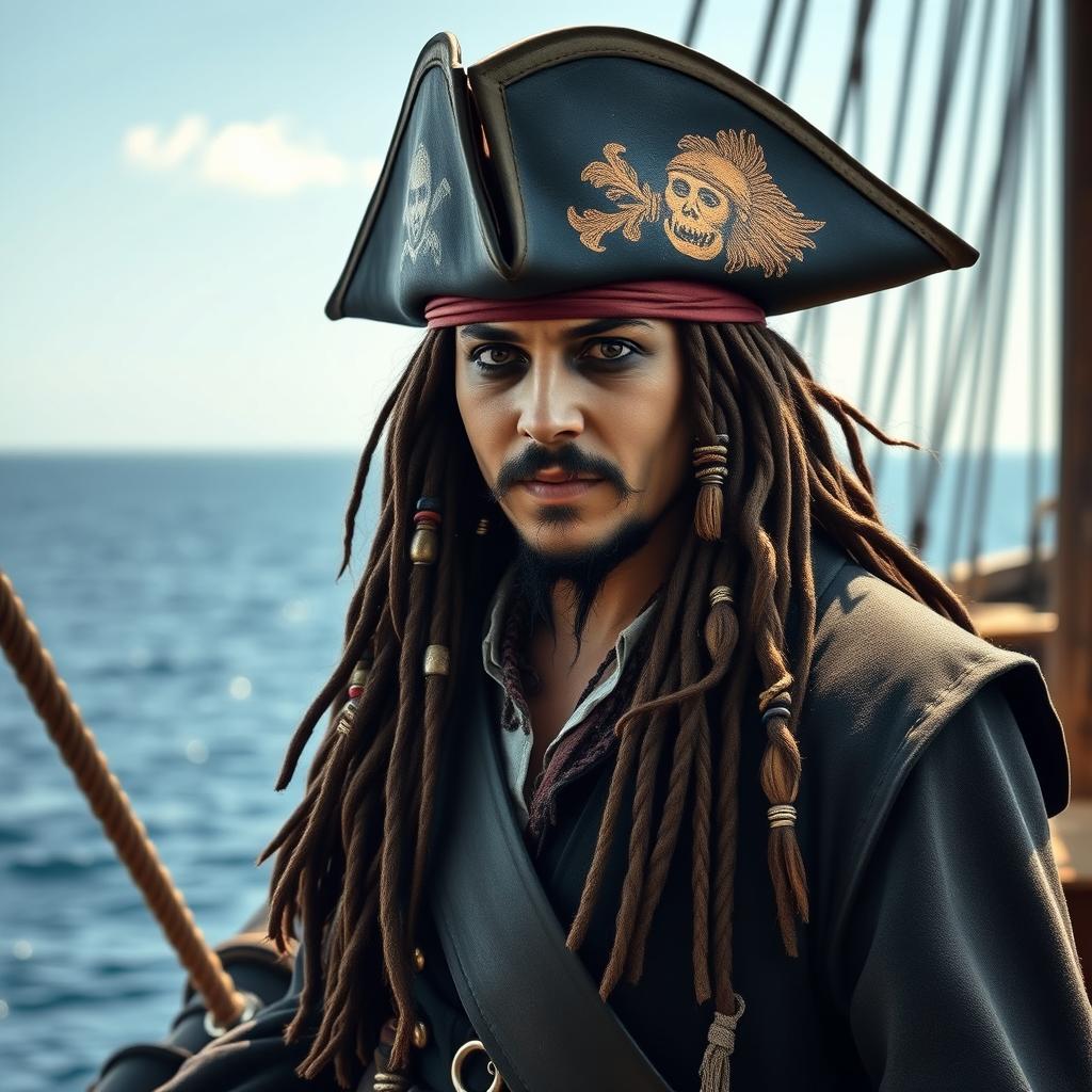 A detailed and realistic depiction of Captain Jack Sparrow, the iconic pirate with dreadlocks, a tricorn hat, and beads in his hair, standing on the deck of a pirate ship with the ocean in the background