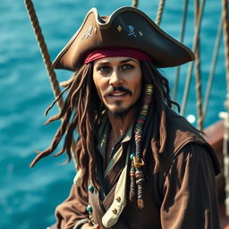 A detailed and realistic depiction of Captain Jack Sparrow, the iconic pirate with dreadlocks, a tricorn hat, and beads in his hair, standing on the deck of a pirate ship with the ocean in the background