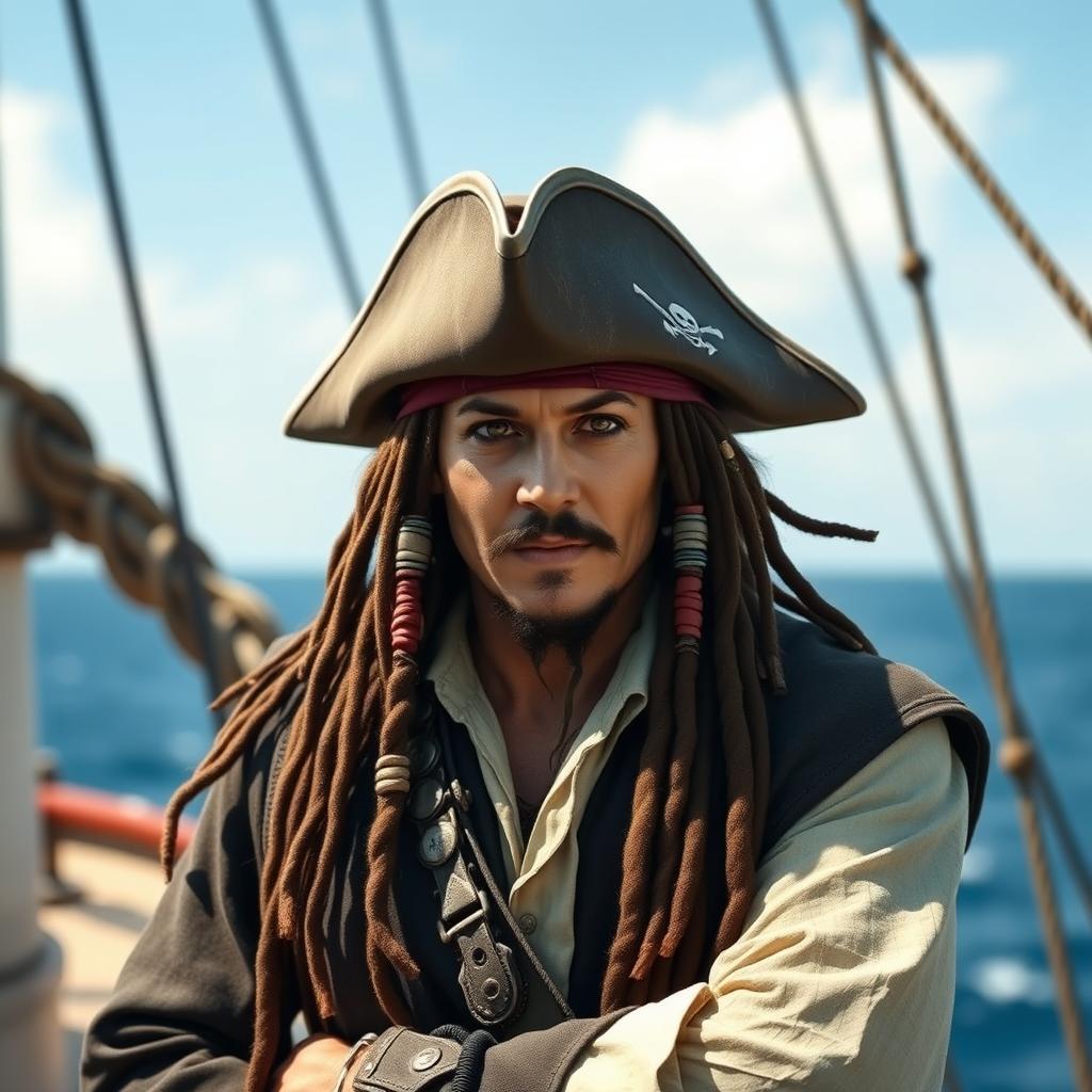 A detailed and realistic depiction of Captain Jack Sparrow, the iconic pirate with dreadlocks, a tricorn hat, and beads in his hair, standing on the deck of a pirate ship with the ocean in the background