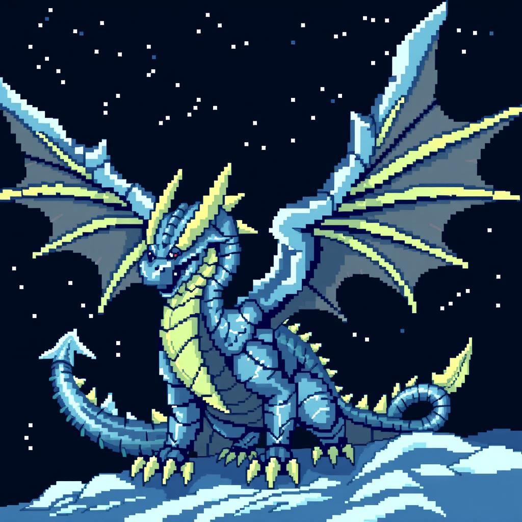 Create an iron dragon in pixel art style