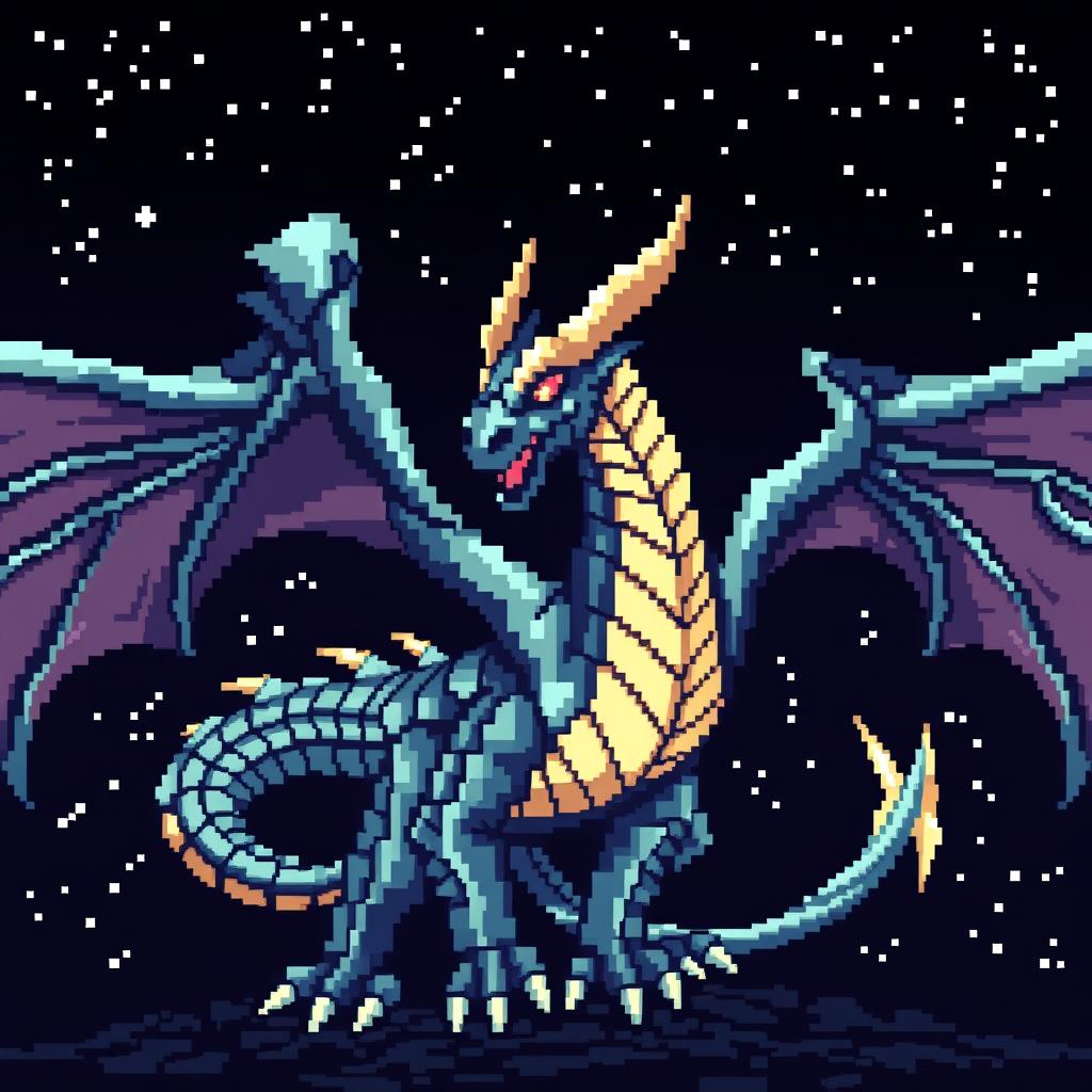 Create an iron dragon in pixel art style