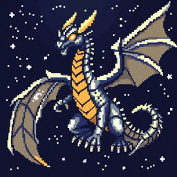 Create an iron dragon in pixel art style