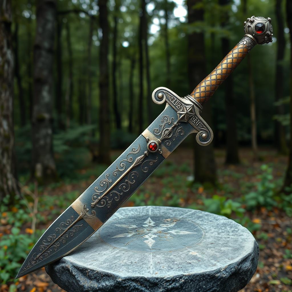 A highly detailed and realistic depiction of a medieval sword with intricate engravings on the blade and a jeweled hilt, resting on a stone pedestal with a forest background