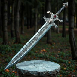 A highly detailed and realistic depiction of a medieval sword with intricate engravings on the blade and a jeweled hilt, resting on a stone pedestal with a forest background