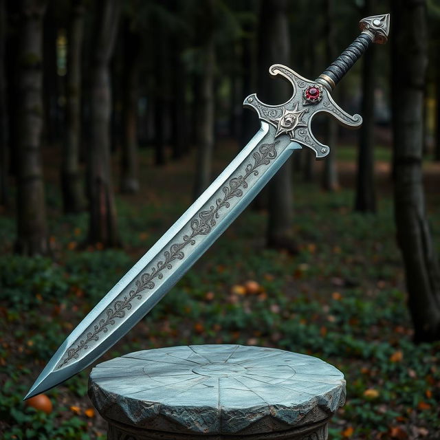 A highly detailed and realistic depiction of a medieval sword with intricate engravings on the blade and a jeweled hilt, resting on a stone pedestal with a forest background