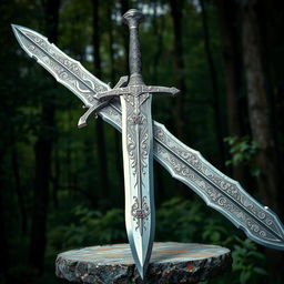 A highly detailed and realistic depiction of a medieval sword with intricate engravings on the blade and a jeweled hilt, resting on a stone pedestal with a forest background