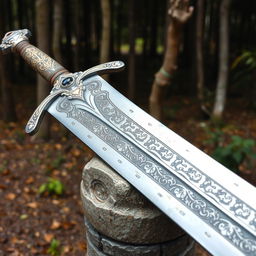 A highly detailed and realistic depiction of a medieval sword with intricate engravings on the blade and a jeweled hilt, resting on a stone pedestal with a forest background