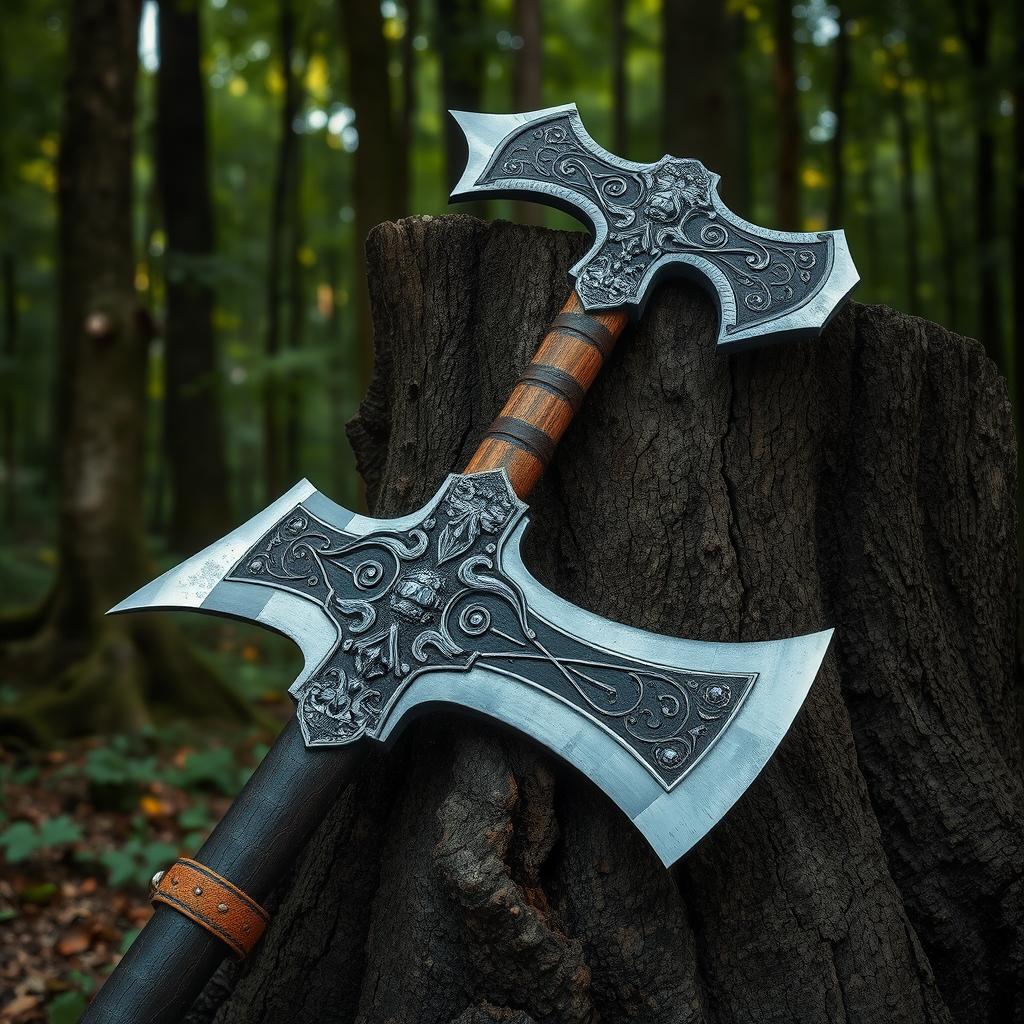 A highly detailed and realistic depiction of a battle axe with a double-edged blade, ornate carvings, and a leather-wrapped handle, resting against a tree stump in a dense forest