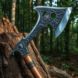 A highly detailed and realistic depiction of a battle axe with a double-edged blade, ornate carvings, and a leather-wrapped handle, resting against a tree stump in a dense forest