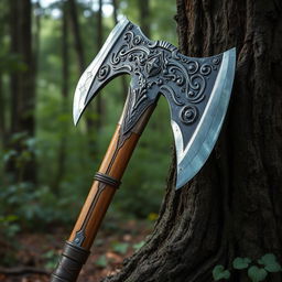 A highly detailed and realistic depiction of a battle axe with a double-edged blade, ornate carvings, and a leather-wrapped handle, resting against a tree stump in a dense forest