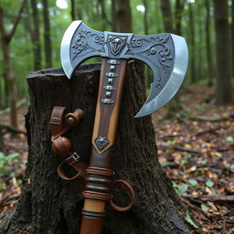 A highly detailed and realistic depiction of a battle axe with a double-edged blade, ornate carvings, and a leather-wrapped handle, resting against a tree stump in a dense forest