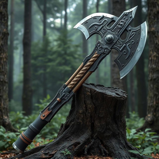 A highly detailed and realistic depiction of a large battle axe with a massive double-edged blade, ornate carvings, and a sturdy leather-wrapped handle, resting against a tree stump in a dense forest