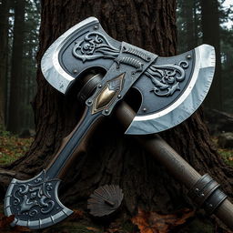 A highly detailed and realistic depiction of a large battle axe with a massive double-edged blade, ornate carvings, and a sturdy leather-wrapped handle, resting against a tree stump in a dense forest