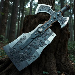 A highly detailed and realistic depiction of a large battle axe with a massive double-edged blade, ornate carvings, and a sturdy leather-wrapped handle, resting against a tree stump in a dense forest