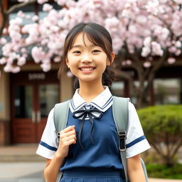 A cheerful school girl wearing a traditional school uniform, standing in front of a school building