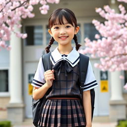 A cheerful school girl wearing a traditional school uniform, standing in front of a school building