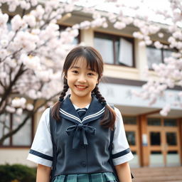 A cheerful school girl wearing a traditional school uniform, standing in front of a school building