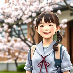 A cheerful school girl wearing a traditional school uniform, standing in front of a school building