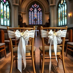 A beautiful decoration for chairs at a Catholic wedding