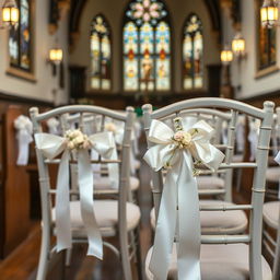 A beautiful decoration for chairs at a Catholic wedding