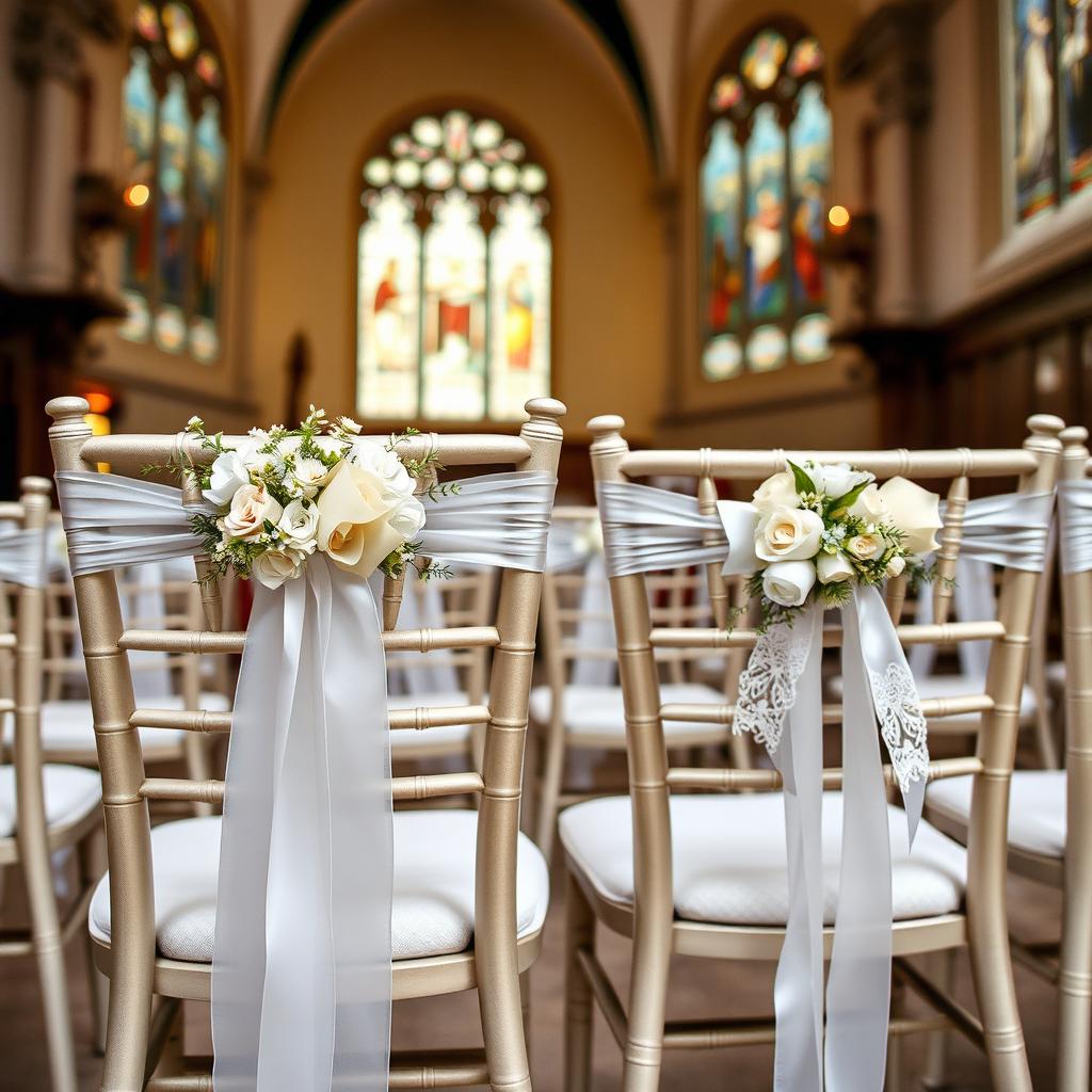 A beautiful decoration for chairs at a Catholic wedding